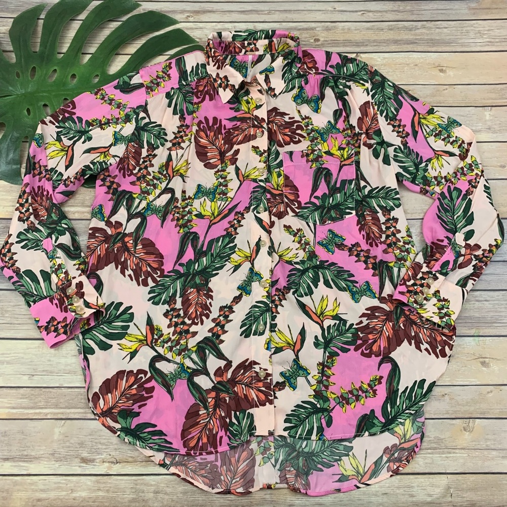 Free People tropical floral pink & green top
